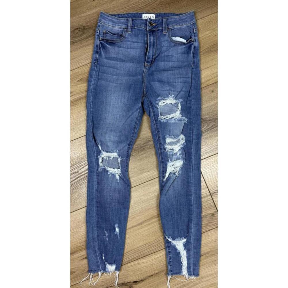 Cello Jeans Juniors 7 Blue Medium Wash Distressed Skinny Raw Hem Stretch Denim